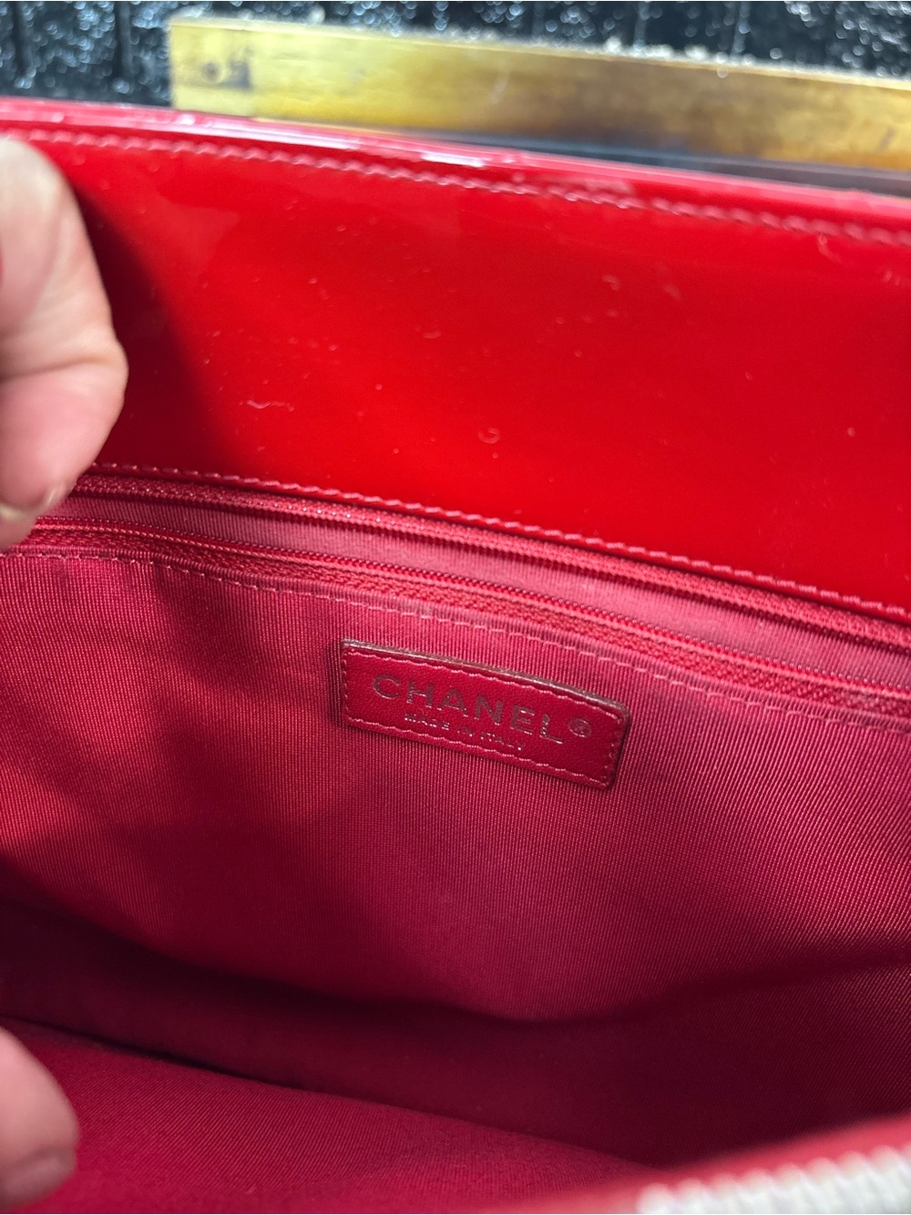 CHANEL Red Quilted Patent Leather Grand Shopping Tote with Double-C Logo - Picture 10 of 15